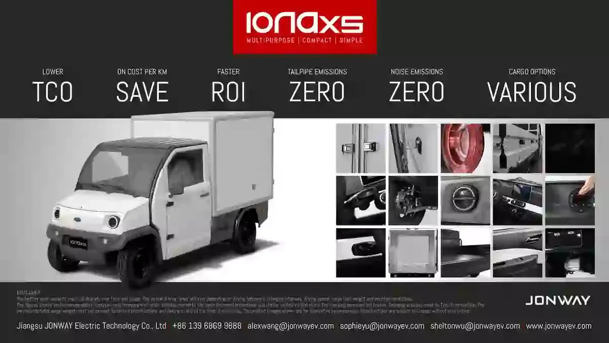 Baner reklamowy Jonway Ionaxs — elektryczny pojazd dostawczy z prezentacją zalet i wyposażenia