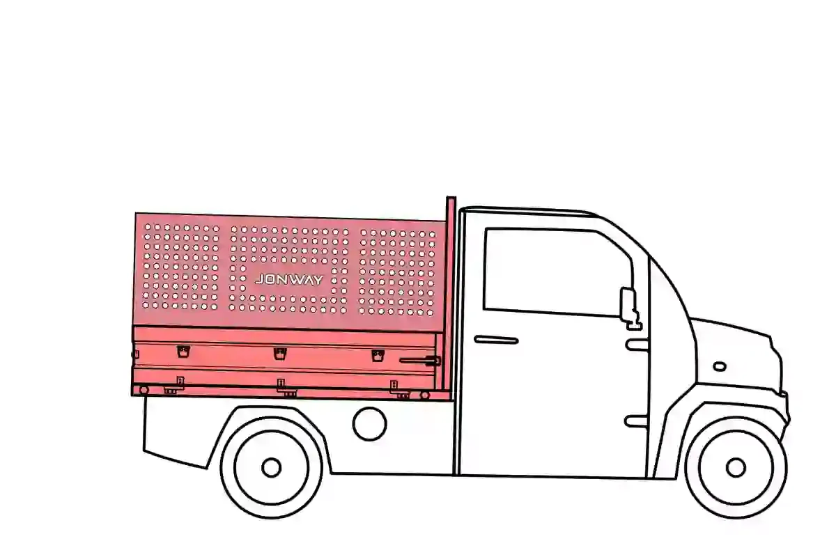 Samochód elektryczny Jonway – metalowa ażurowa zabudowa skrzyniowa z logotypem
